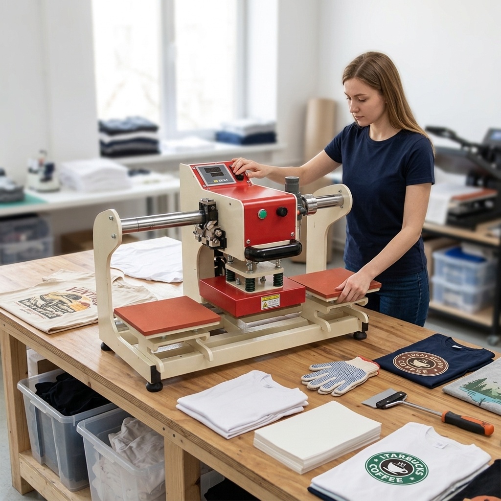 Leatherwork Press - เครื่องรีดร้อนแบบสองสถานี ระบบลมอัดอัตโนมัติ ทำงานต่อเนื่องได้ สำหรับพิมพ์โลโก้บนเสื้อยืด แบรนด์ และหนัง